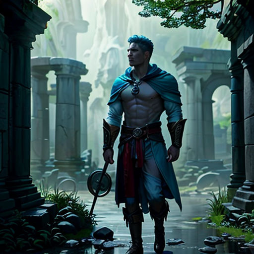a man in a costume standing in a doorway with a sword and shield in his hand and a helmet on his head