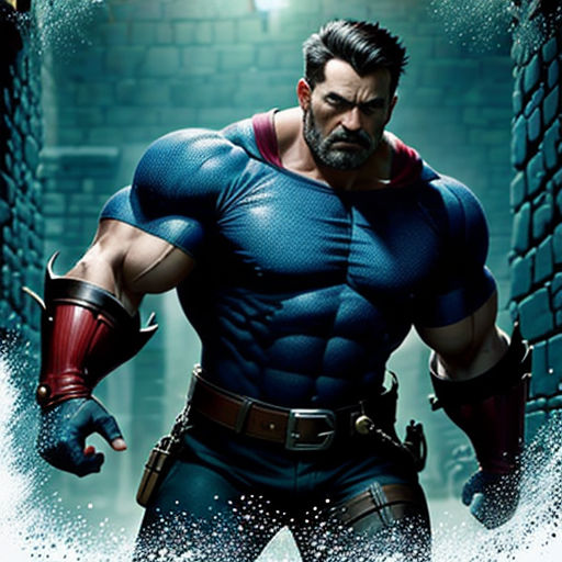 a man in a blue and red outfit standing in front of a brick wall with a hammer in his hand