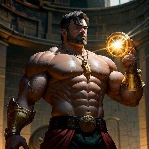 a man in a costume holding a golden ball in his hand and a golden orb in his hand in front of a circular building