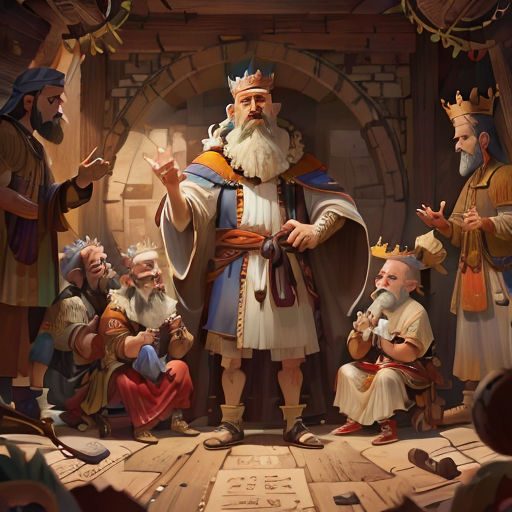 a painting of a king surrounded by other people and a statue of a man with a crown on his head