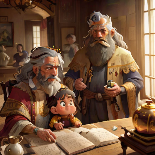 a painting of a man and a woman sitting at a table with a book and a doll in front of them