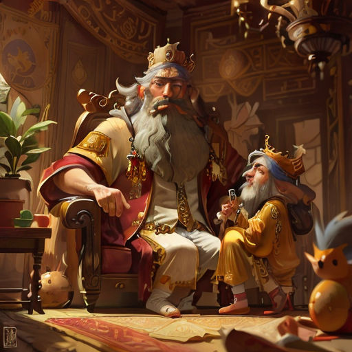 a cartoon of a king and a princess sitting on a chair together in a room with a cat and a bird