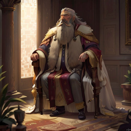 a painting of a man sitting in a chair with a long white beard and a long white beard, wearing a white robe and a gold crown