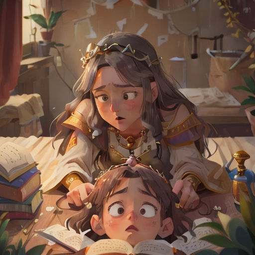 a woman and a boy are sitting on a bed with books in front of them and a bird flying overhead