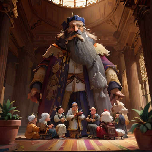 a cartoon of a wizard with a long beard and a bearded beard standing in front of a group of gnomes