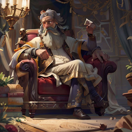 a man sitting in a chair with a book in his hand and a cup in his hand in front of him