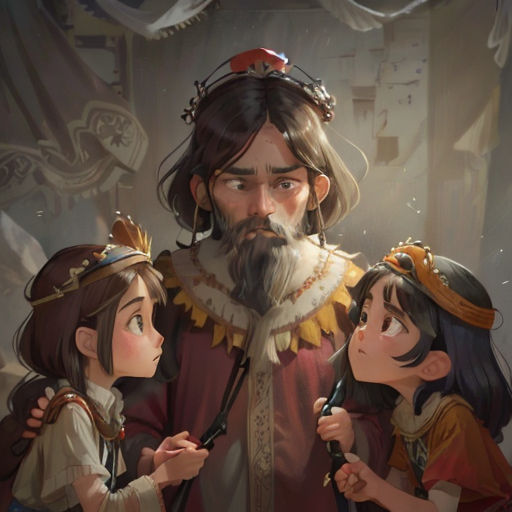 a man with a beard and two children standing next to him in a room with curtains and a curtain