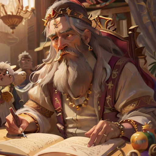 a man with a beard and a beard sitting at a table with an open book in front of him