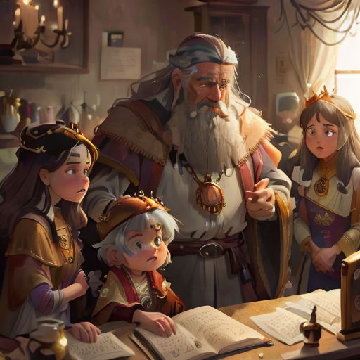 a group of people standing around a table with books and a clock on it, and a man in a crown