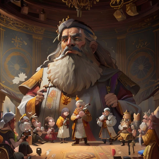 a painting of a wizard with a large beard and a lot of other people around him, all dressed in costume