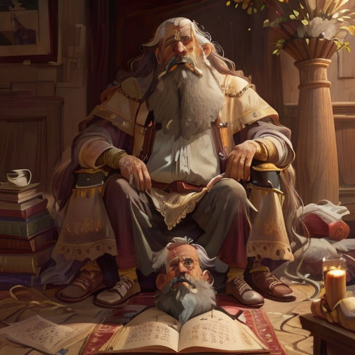 a painting of a man sitting on a book with a beard and a beard on his head, next to a book with a candle and a vase with flowers