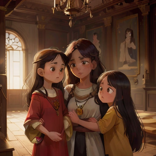 three girls standing next to each other in a room with a chandelier hanging from the ceiling and a chandelier hanging from the ceiling