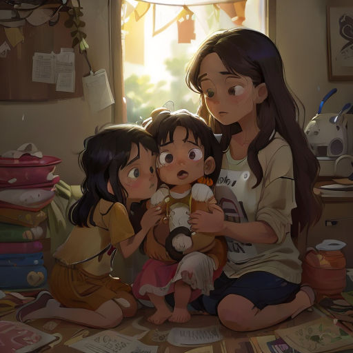 a woman and two children sitting on the floor with a book in front of them and a window behind them