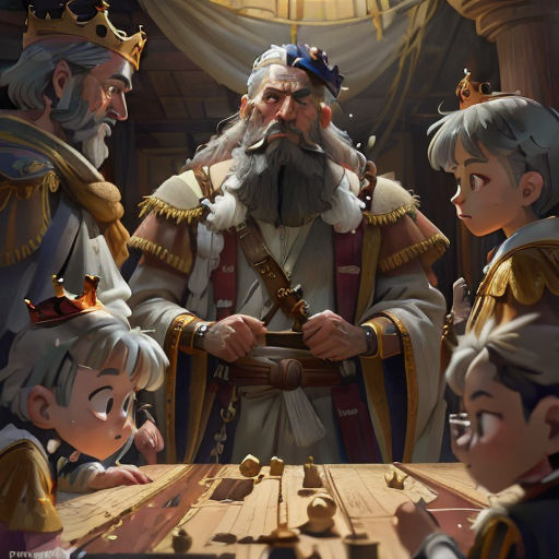 a group of people standing around a wooden table with chess pieces on it and a king in a crown