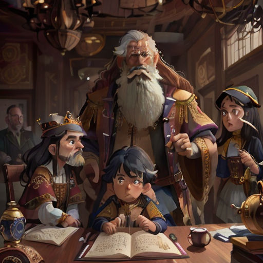 a group of people sitting around a table with books and a book in front of them, with a man in a pirate costume