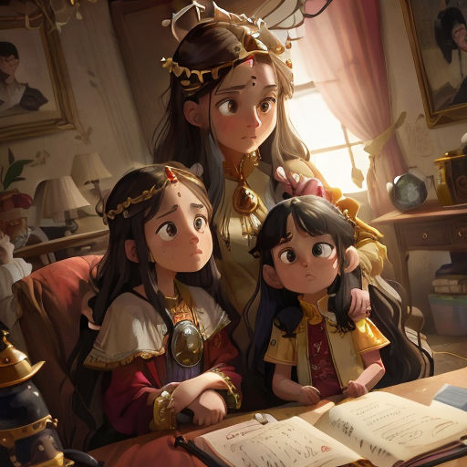 a group of girls sitting at a table with books and a lamp in front of them, with a book open to the side of the picture