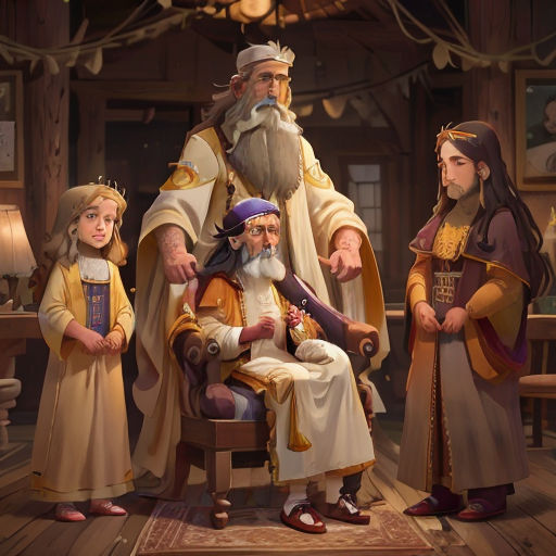 a painting of a man with a beard and two children standing next to him and a woman sitting on a chair