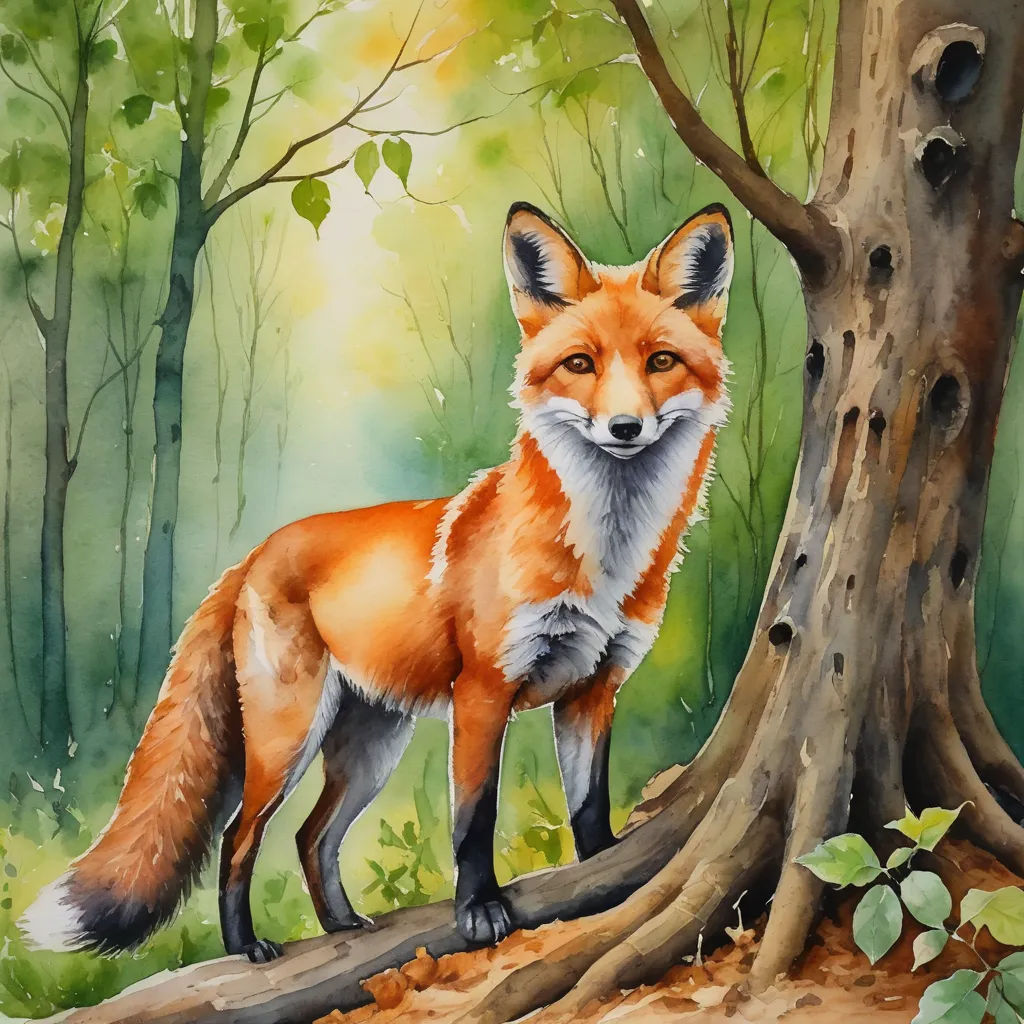 a painting of a fox standing next to a tree trunk in a forest with green leaves on the ground, furry art, a watercolor painting, artist, watercolor