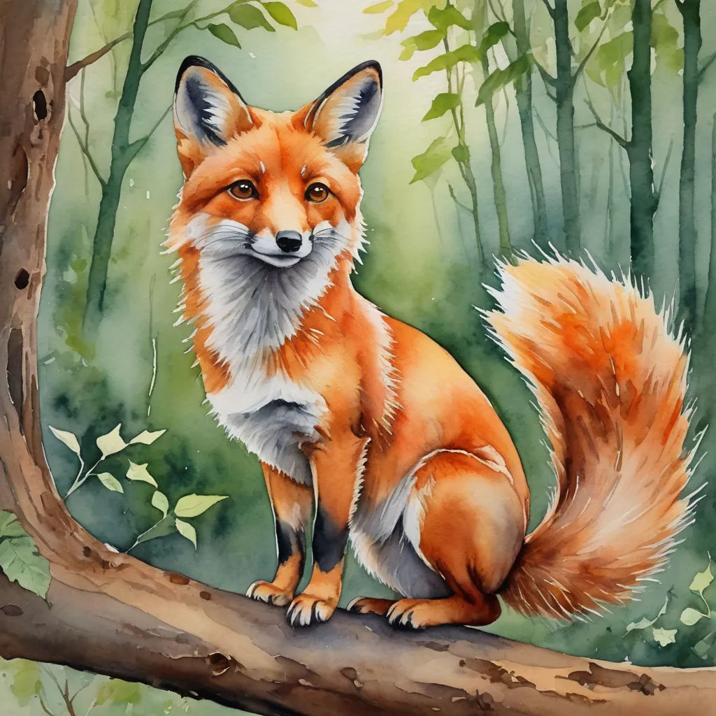 a painting of a fox sitting on a tree branch in a forest with green leaves and a tree trunk, furry art, a watercolor painting, Caspar Wolf, watercolor