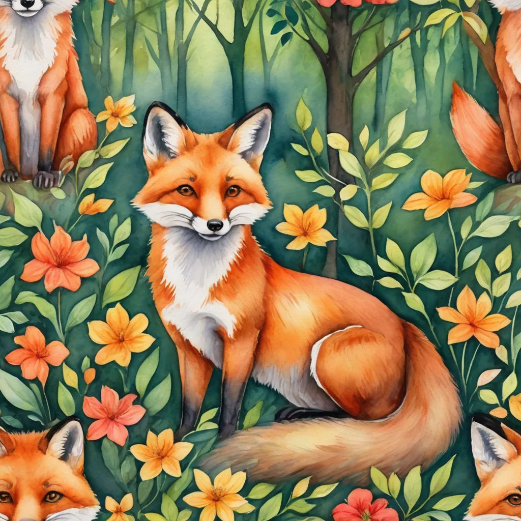 a painting of a fox and her cubs in a forest with flowers and leaves on a green background with a red fox, folk art, a detailed painting, Annabel Kidston, in gouache detailed paintings