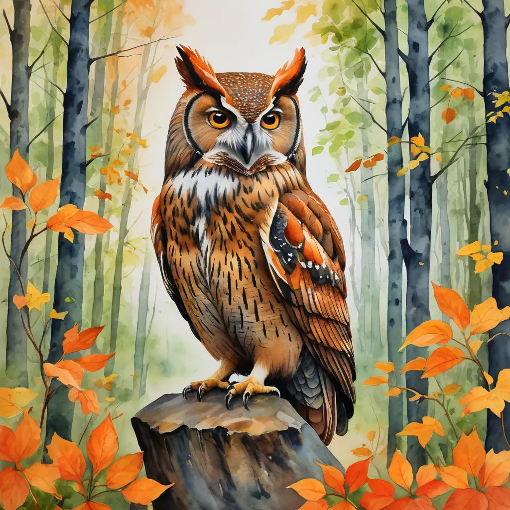 a painting of an owl sitting on a rock in a forest with orange leaves and trees in the background, fantasy art, a watercolor painting, Brom, in gouache detailed paintings
