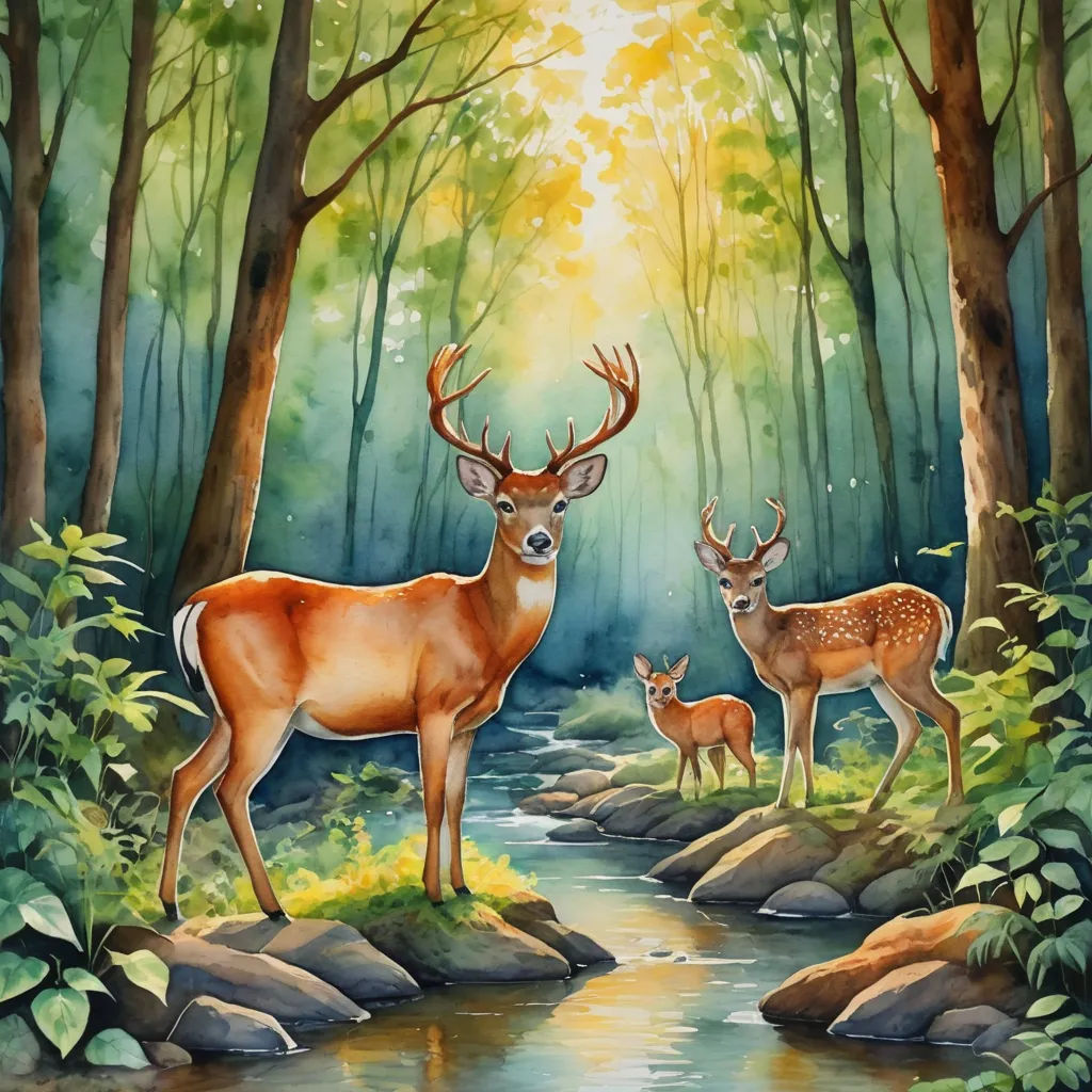 a painting of two deer standing next to a stream in a forest with trees and rocks on the ground, magic realism, a storybook illustration, Christophe Vacher, nature