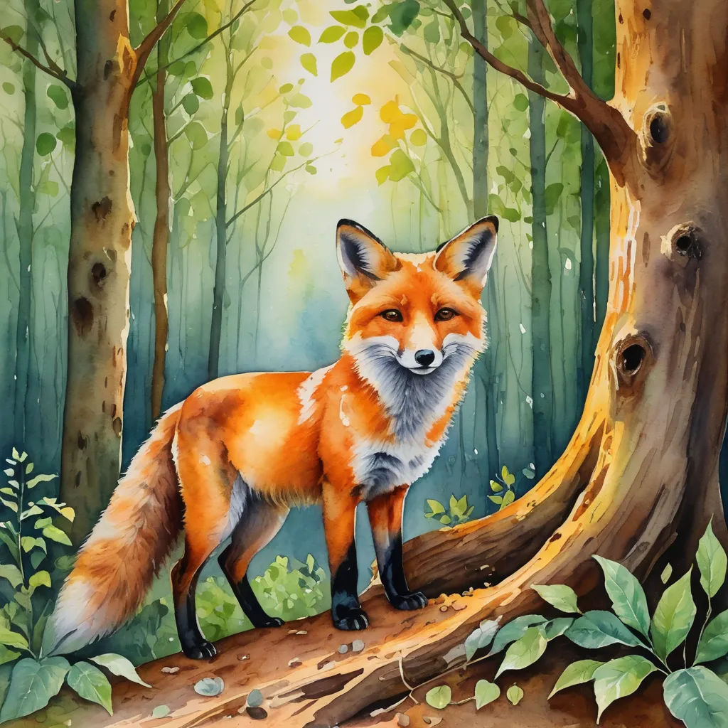 a painting of a fox standing on a log in a forest with green leaves and a bright light coming through the trees, furry art, an airbrush painting, Anato Finnstark, professional digital painting
