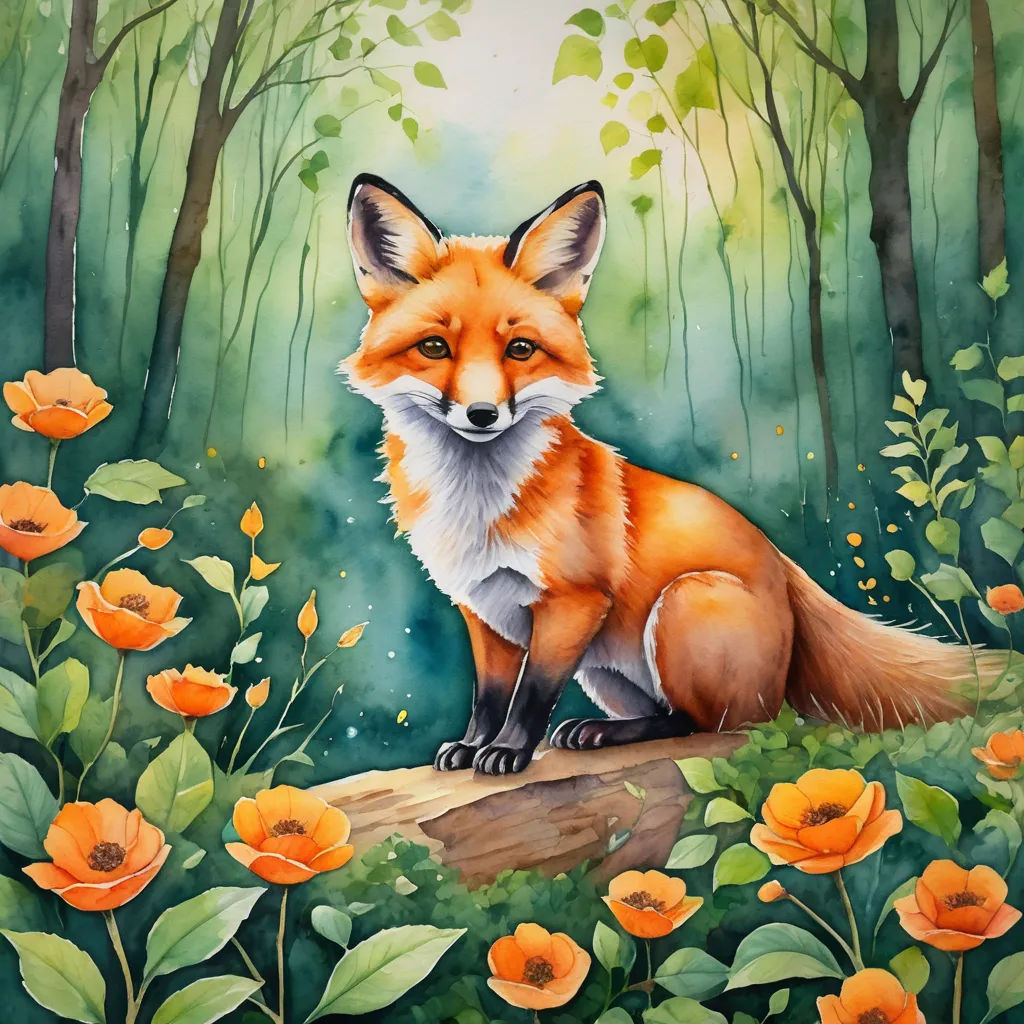 a painting of a fox sitting on a log in a forest with orange flowers and green leaves on the ground, furry art, a watercolor painting, Carol Sutton, in gouache detailed paintings