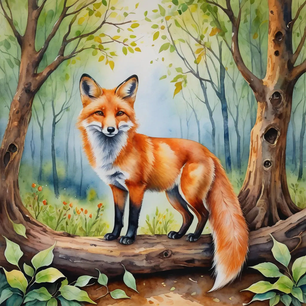 a painting of a fox standing on a log in a forest with trees and flowers around it, with a blue sky in the background, furry art, an airbrush painting, Brom, in gouache detailed paintings