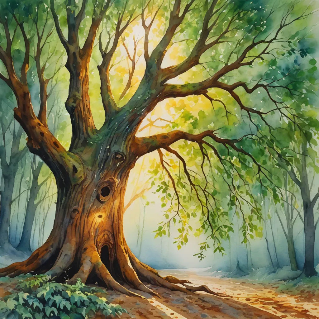 a painting of a tree in a forest with sun shining through the leaves and the ground below it, with a path leading to the tree, fantasy art, an airbrush painting, Christophe Vacher, intricate oil painting