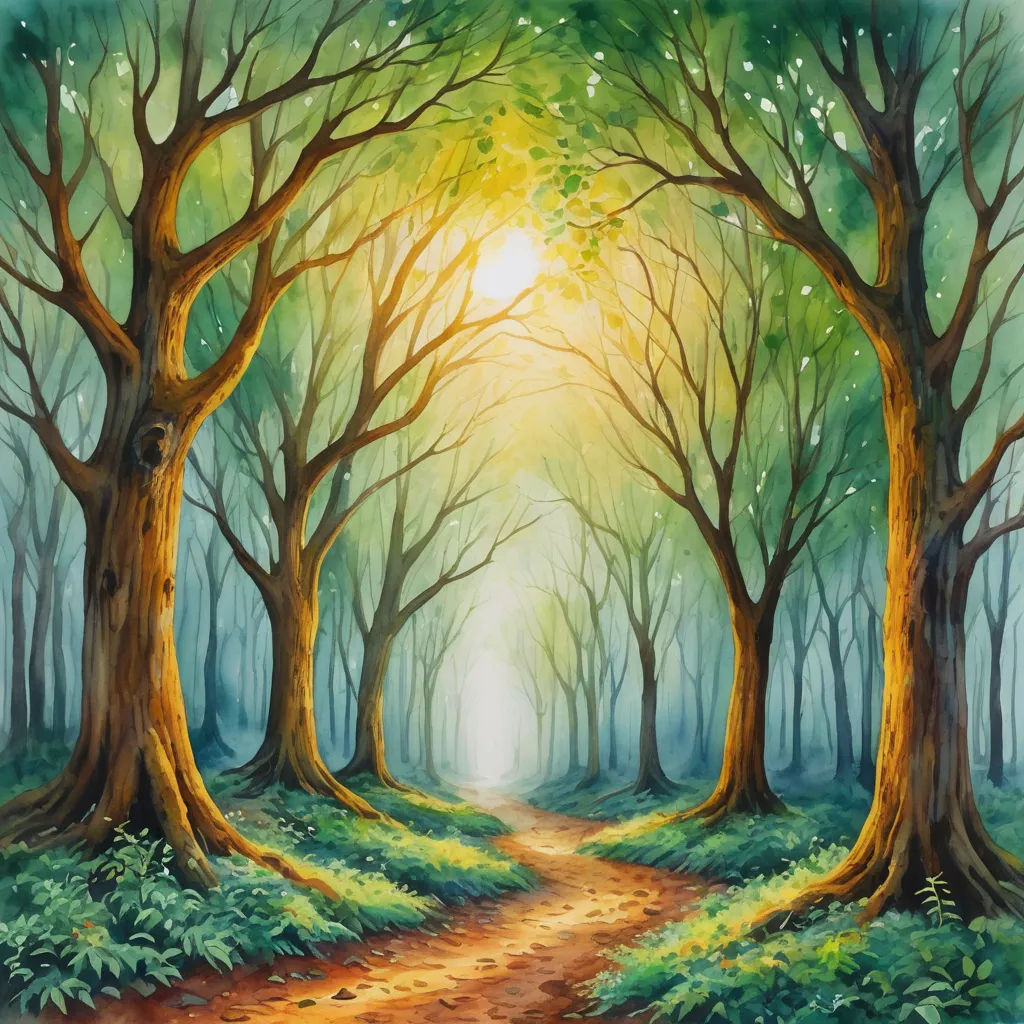 a painting of a path leading through a forest with trees and grass on either side of the path is a bright light, fantasy art, an oil painting, Christophe Vacher, fantasy artwork