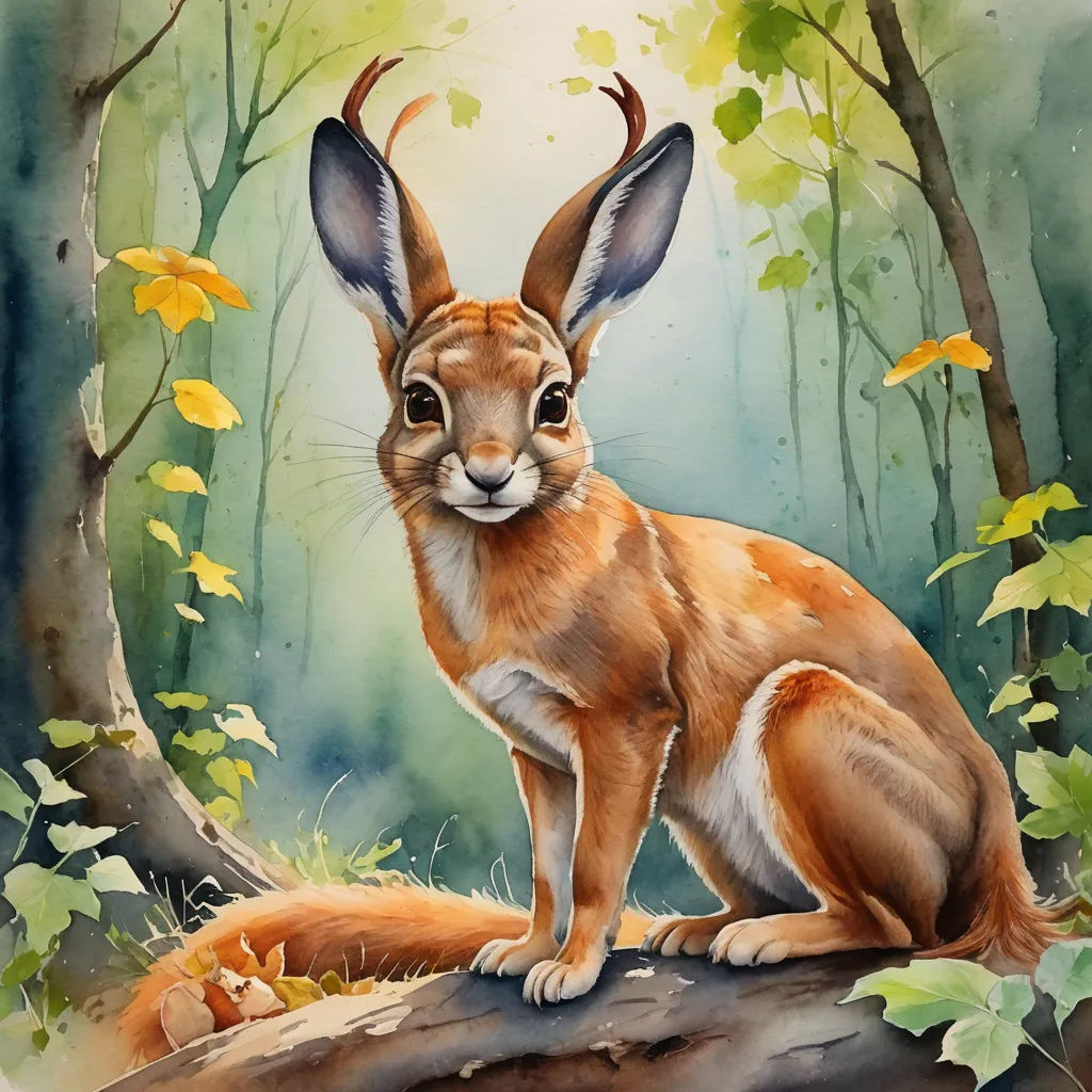 a painting of a rabbit sitting on a log in the woods with leaves around it and a forest background, magic realism, a watercolor painting, Esao Andrews, leesha hannigan