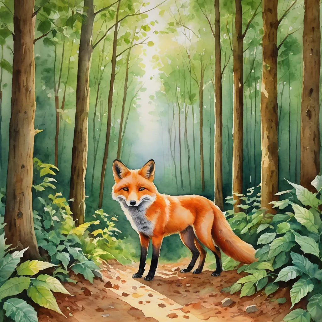 a painting of a fox in the woods by itself with leaves around it and a path leading to it, furry art, a watercolor painting, Alison Kinnaird, storybook illustration