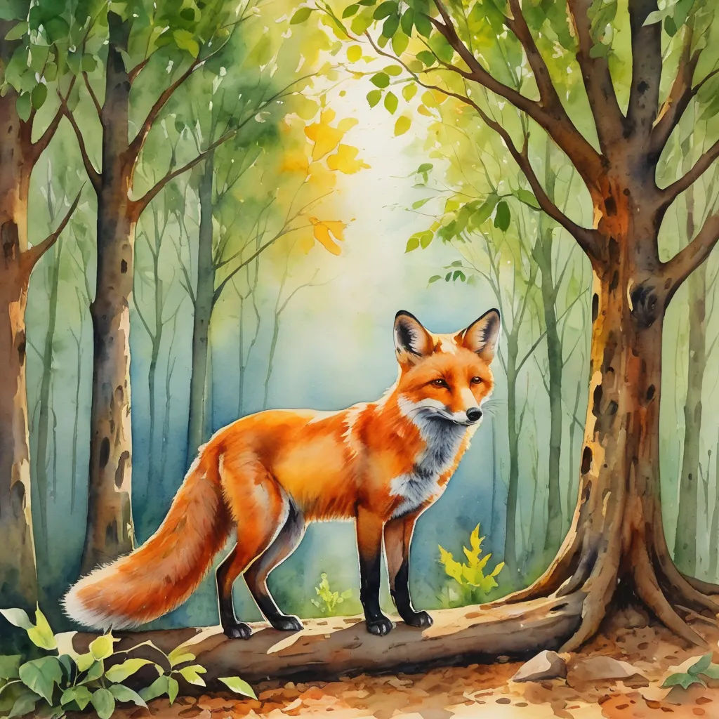 a painting of a fox standing on a log in a forest with trees and leaves around it, with a bright light coming through the trees, furry art, a watercolor painting, Brom, watercolor