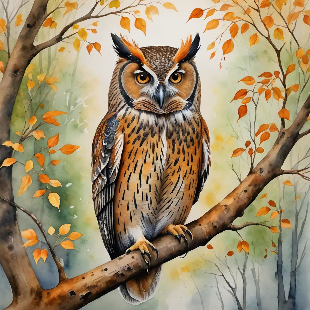a painting of an owl sitting on a tree branch with leaves around it and a sky background with orange and yellow leaves, fantasy art, a watercolor painting, Bernd Fasching, in gouache detailed paintings