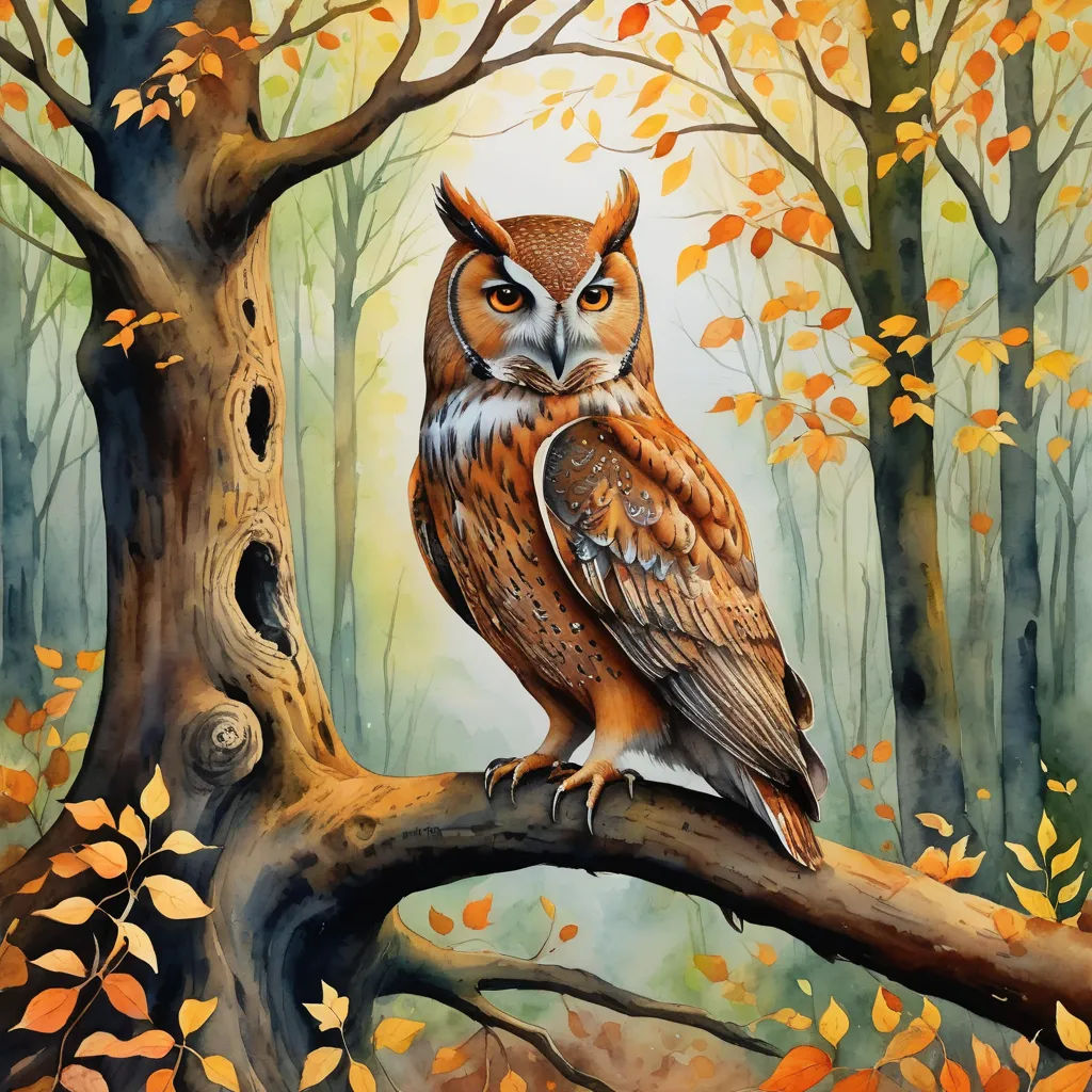 a painting of an owl sitting on a tree branch in a forest with leaves and trees in the background, fantasy art, an airbrush painting, Brom, in gouache detailed paintings