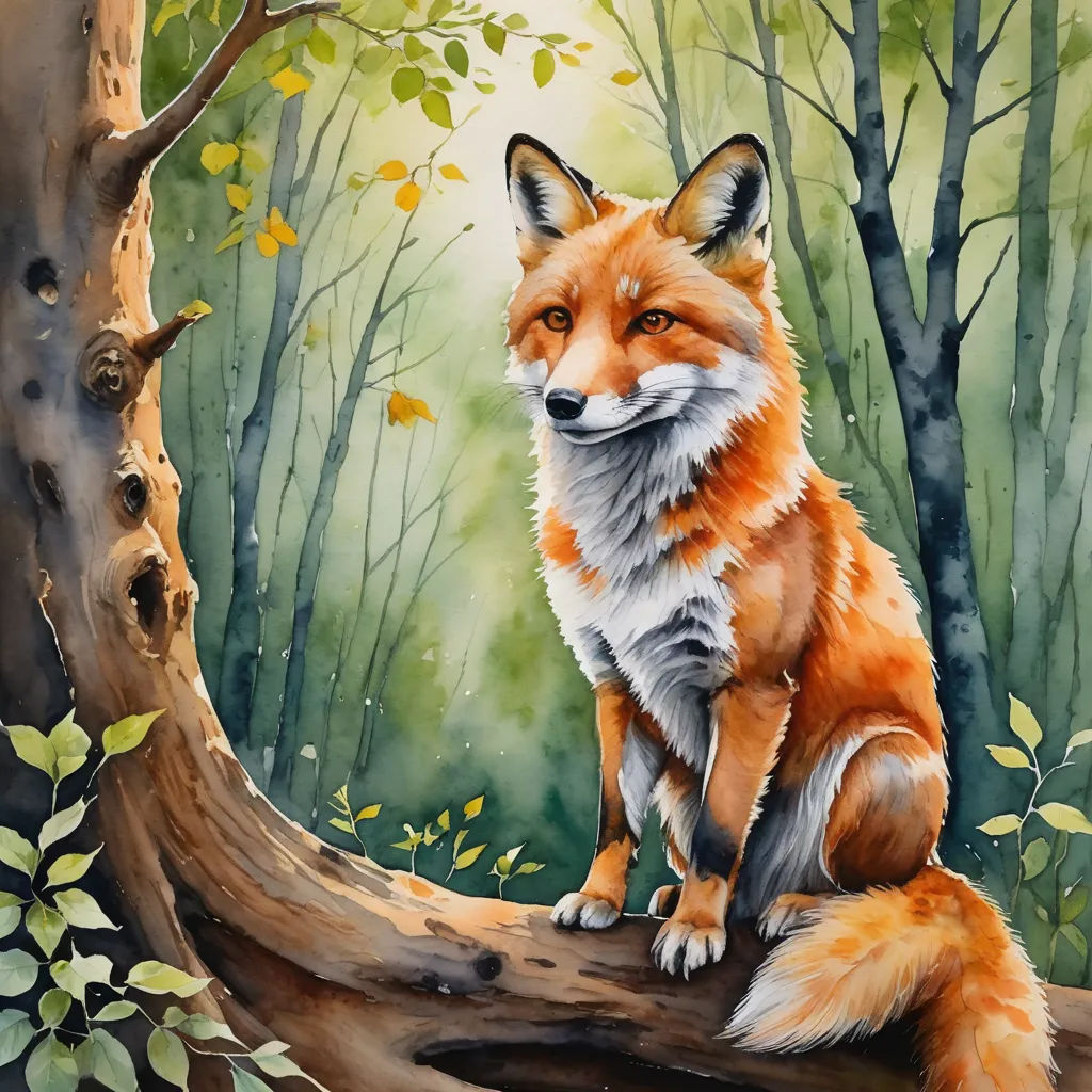 a painting of a fox sitting on a tree branch in a forest with leaves and a tree trunk in the foreground, furry art, a watercolor painting, ESAO, in gouache detailed paintings