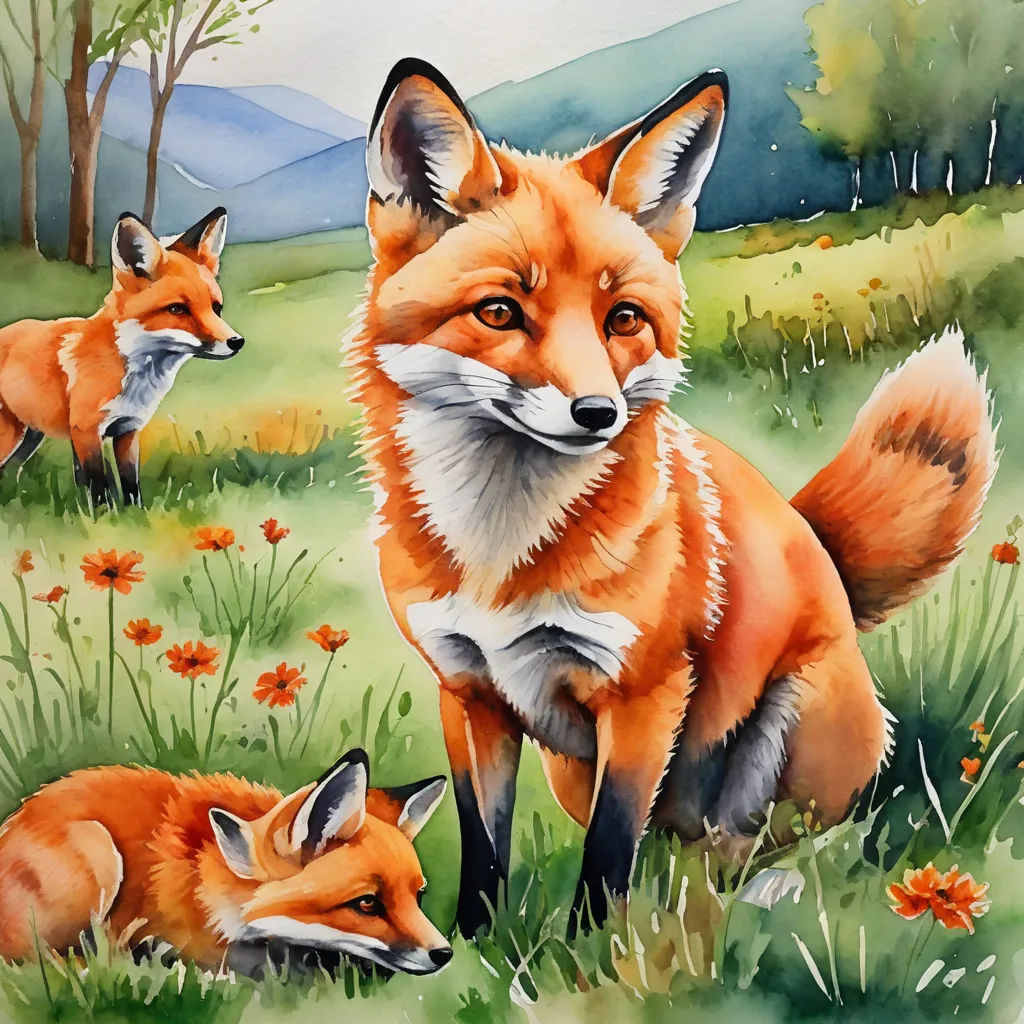 a painting of two foxes in a field of flowers and grass with mountains in the background and a sky with clouds, furry art, a watercolor painting, Carol Sutton, orange