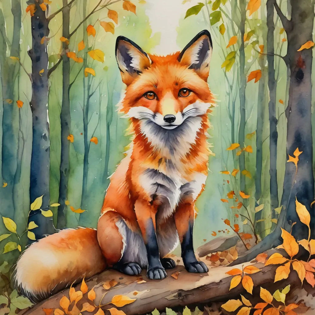 a painting of a fox sitting on a log in a forest with leaves on the ground and trees in the background, furry art, a watercolor painting, Esao Andrews, in gouache detailed paintings