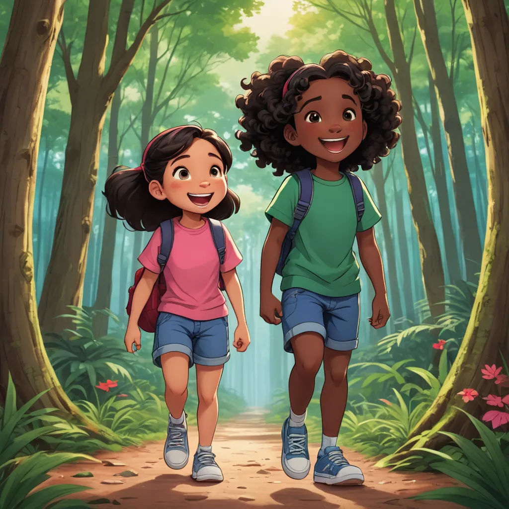two children walking in the woods together with a backpack on their back and a backpack on their shoulder,, environmental art, a storybook illustration, Diego Gisbert Llorens, official art