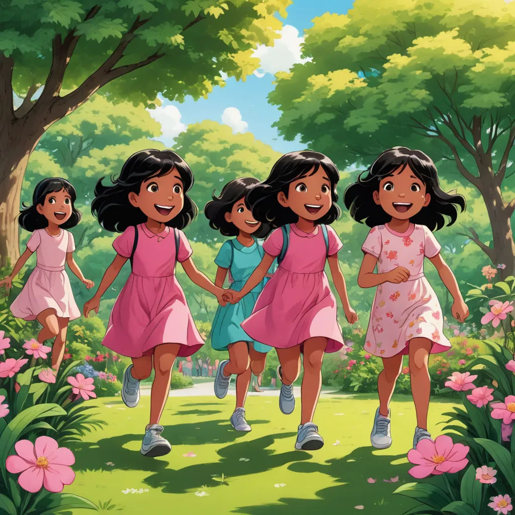 a group of girls walking through a park together in the grass and flowers, with trees and flowers in the background, samikshavad, a storybook illustration, disney, promotional image