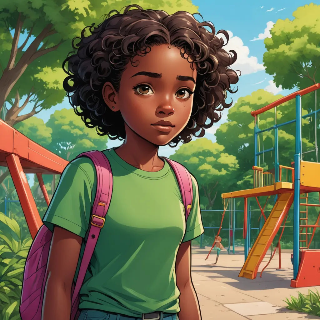 a young girl stands in front of a playground with a playground structure in the background and a playground with a climbing frame, american scene painting, a character portrait, Cedric Seaut (Keos Masons), comic cover art