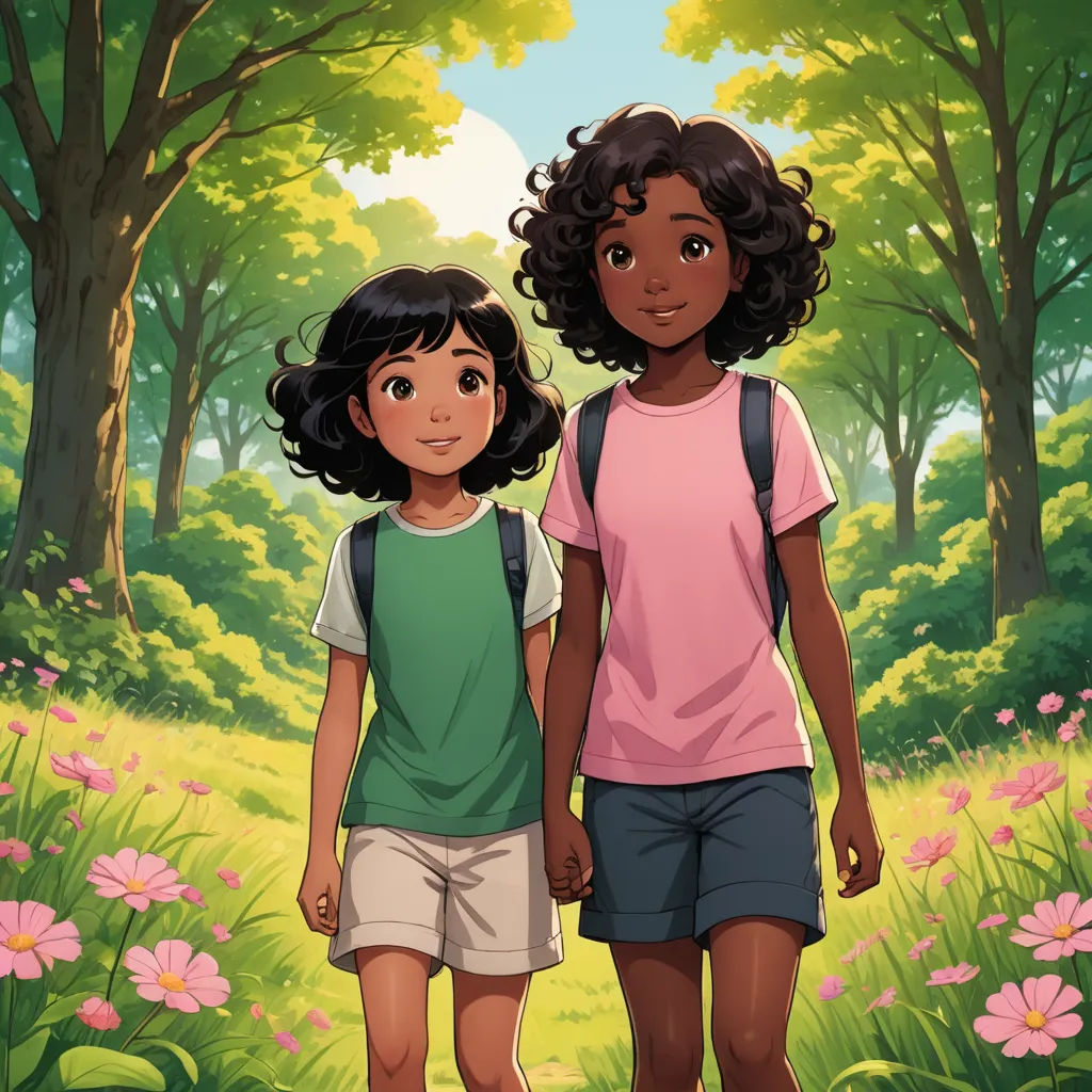 two children walking in a forest with flowers on the ground and trees in the background, with a pink flower in the foreground, environmental art, a storybook illustration, Cedric Seaut (Keos Masons), official art