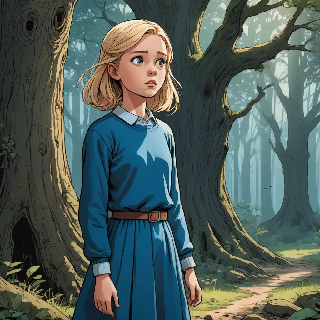 a girl in a blue dress standing in a forest with a path leading to a tree trunk with a large trunk, process art, a comic book panel, Cliff Childs, comic cover art