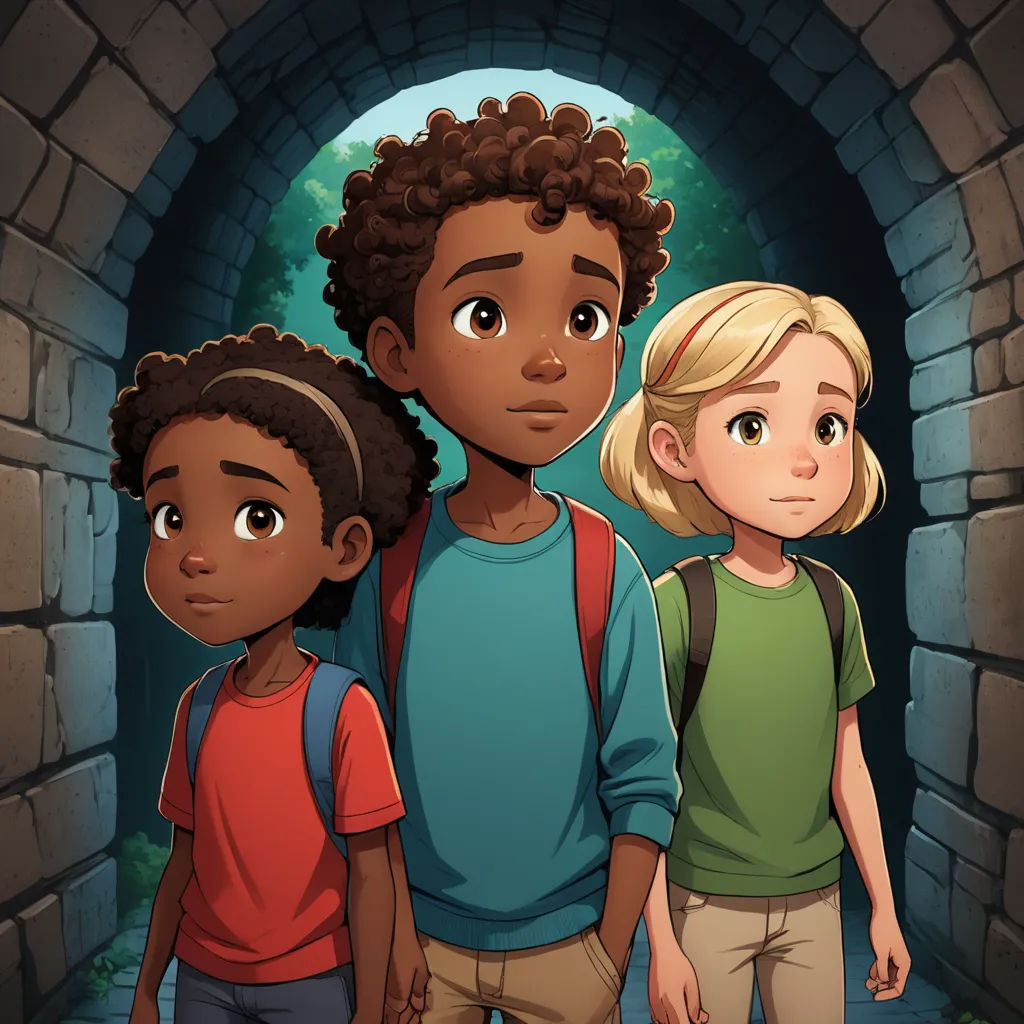 a group of kids standing in front of a tunnel with a light at the end of the tunnel and a person standing in front of the tunnel, serial art, a storybook illustration, Cedric Seaut (Keos Masons), promotional image