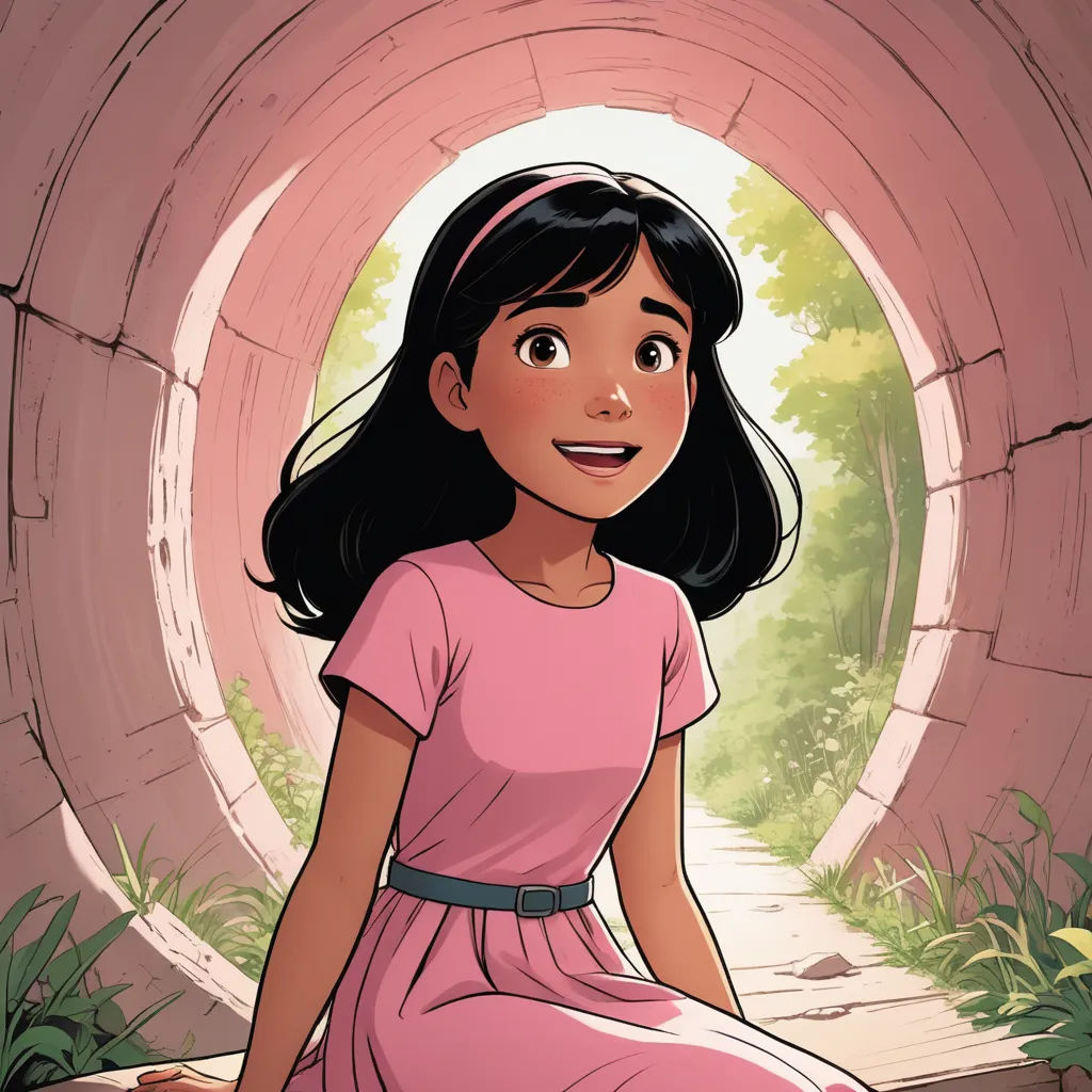 a cartoon girl sitting in a tunnel with a smile on her face and a pink dress on her body, process art, a comic book panel, Cliff Childs, comic cover art