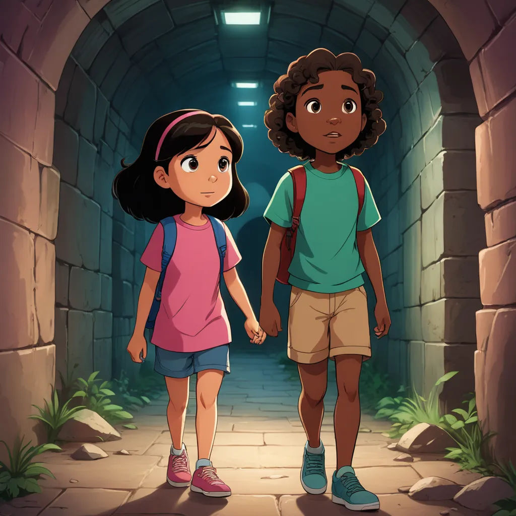 a couple of kids walking down a tunnel together in a tunnel with a light at the end of the tunnel, serial art, a storybook illustration, Felix-Kelly, official art