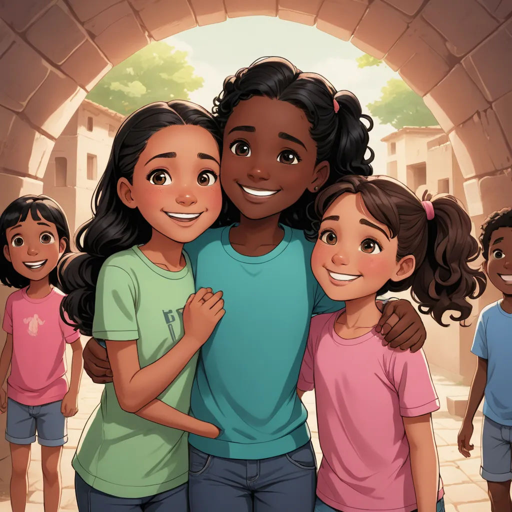 a group of children standing in front of a tunnel with their arms around each other and smiling at the camera, lyco art, a storybook illustration, Ella Guru, official art