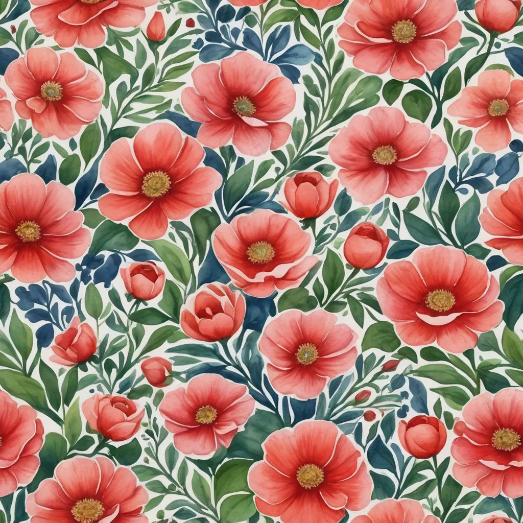 a floral pattern with red flowers and green leaves on a white background, with a blue border and a green border, arts and crafts movement, a watercolor painting, Annabel Kidston, in gouache detailed paintings