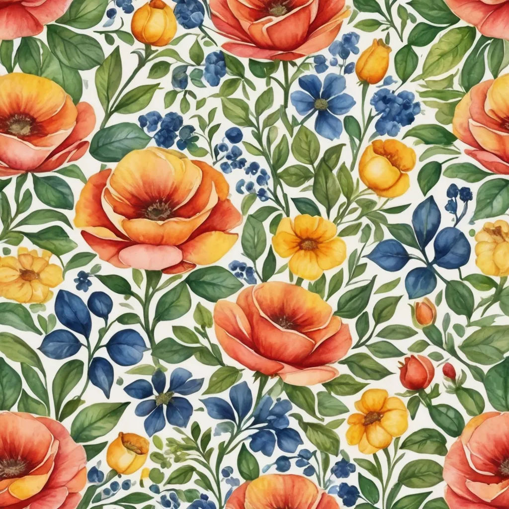 a floral pattern with orange and blue flowers on a white background with green leaves and blue berries on the bottom, qajar art, a watercolor painting, Annabel Kidston, wallpaper